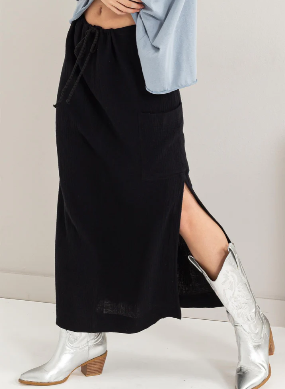 Black Double Gauze Drawstring Midi Skirt