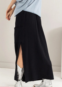 Black Double Gauze Drawstring Midi Skirt