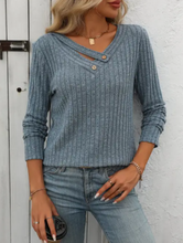 Load image into Gallery viewer, Button-Up V-Neck Sweater Striped Design Blue