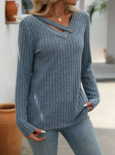 Load image into Gallery viewer, Button-Up V-Neck Sweater Striped Design Blue