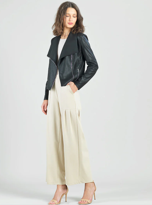 Black Liquid Leather Drape Neck Jacket by Clara Sunwoo Something Different Shopping