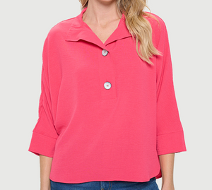 Collared Dolman Sleeve Top with Rounded Hem - Punch