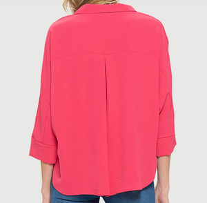 Collared Dolman Sleeve Top with Rounded Hem - Punch