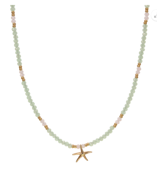 Crystal Beaded Necklace with Gold Plated Baby Starfish Pendant Green