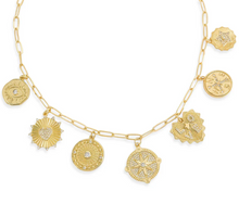 Load image into Gallery viewer, Gold Charm Necklace on Paperclip Chain- love, travel, protection