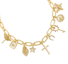 Load image into Gallery viewer, Gold Cross Charm Necklace - cross, heart, key, cherub