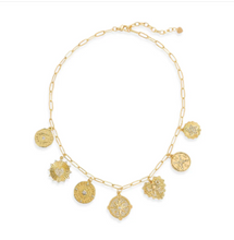 Load image into Gallery viewer, Gold Charm Necklace on Paperclip Chain- love, travel, protection
