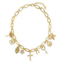 Load image into Gallery viewer, Gold Cross Charm Necklace - cross, heart, key, cherub