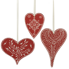 Load image into Gallery viewer, Scandinavian-Style Folk Art Heart Ornaments--3 Assorted