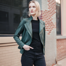 Load image into Gallery viewer, Hunter Green Liquid Leather Jacket by Clara Sunwoo