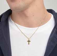 Load image into Gallery viewer, Men's Stainless Steel Gold Necklace with Black Enamel Cross Pendant by Brosway