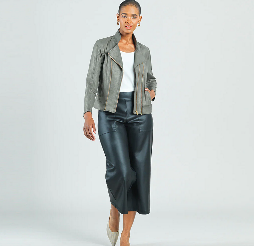 Leather jacket top grey pencil skirt