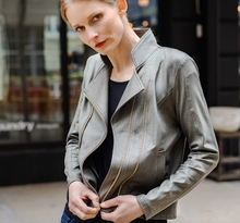 Load image into Gallery viewer, Olive Liquid Leather Jacket By Clara Sunwoo