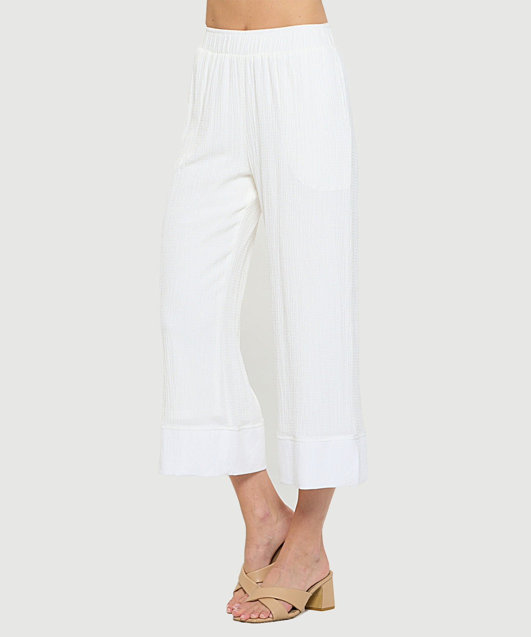 Palazzo Gauze Pants with Elastic with Small Slits - White