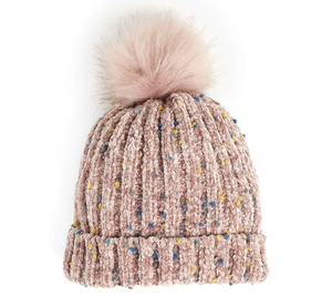 Speckled Pink Chenille Knit Hat with Pom