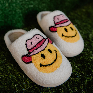 Pink Cowgirl Hat Smile Face Slippers