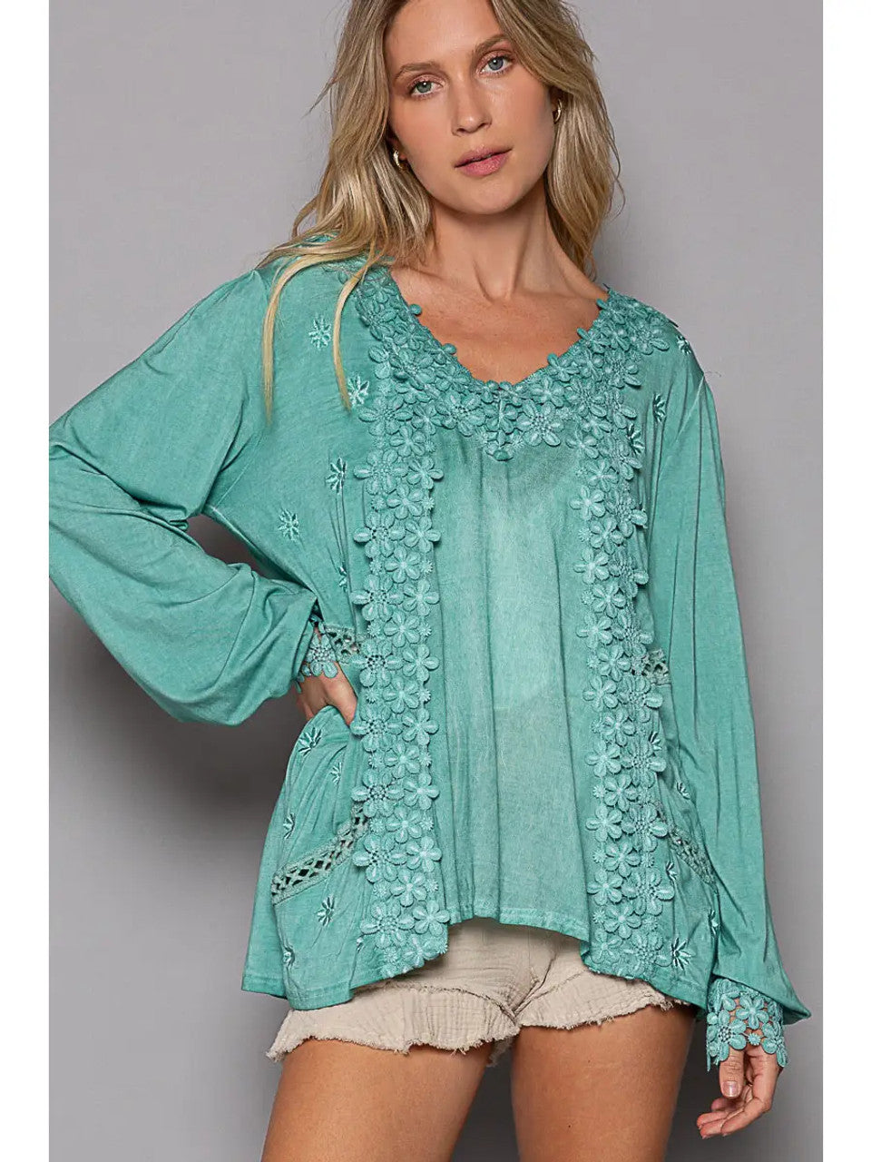 Sage Floral Lace Woven Top - Long Sleeve
