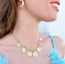 Load image into Gallery viewer, Gold Charm Necklace on Paperclip Chain- love, travel, protection
