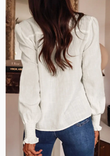 Load image into Gallery viewer, White Floral Embroidered Shirred Sleeve Elegant Shirt