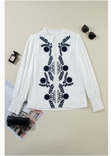 Load image into Gallery viewer, White Floral Embroidered Shirred Sleeve Elegant Shirt