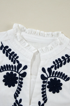 Load image into Gallery viewer, White Floral Embroidered Shirred Sleeve Elegant Shirt