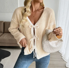 Load image into Gallery viewer, Contrast Trim Tie Front Knit Cardigan Sweater