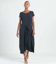 Load image into Gallery viewer, Soft Textured Rayon - Wrap Overlay Center Tie Midi Dress - Black