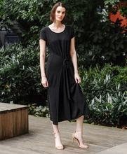 Load image into Gallery viewer, Soft Textured Rayon - Wrap Overlay Center Tie Midi Dress - Black