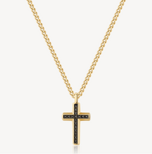Load image into Gallery viewer, Stainless Steel Gold Cross Necklace Black Enamel Zircons by Brosway