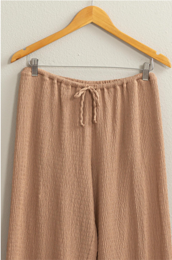 Tan Crinkle Knit Wide Leg Drawstring Pants – Something
