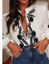Load image into Gallery viewer, White Floral Embroidered Shirred Sleeve Elegant Shirt