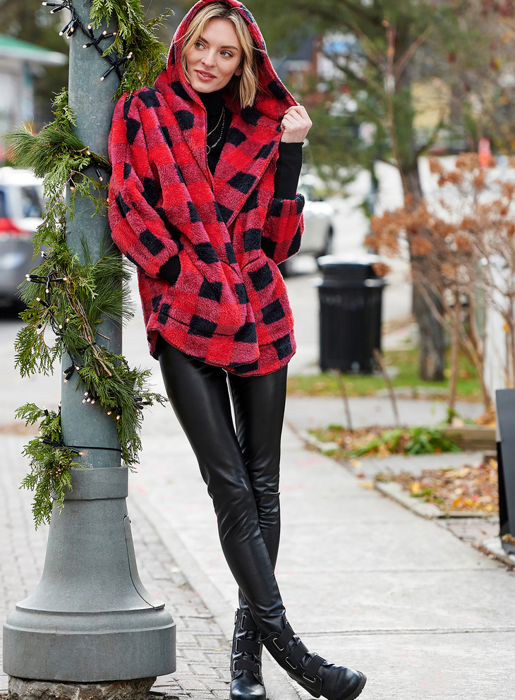 Red and black check coat shop