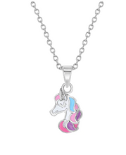 Load image into Gallery viewer, Girl's Sterling Silver Multicolor Enamel Unicorn Necklace (10mm x 7mm)