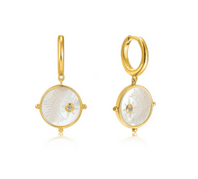Load image into Gallery viewer, Gold Plated Moon Emblem Gold Huggie Hoop Earrings