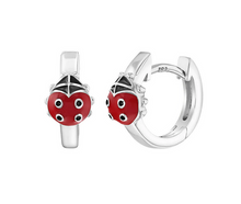Load image into Gallery viewer, Girl's Sterling Silver Ladybug Huggie Hoop Earrings