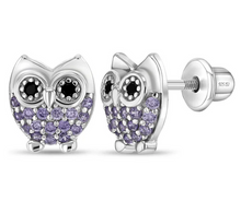 Load image into Gallery viewer, Girl's Sterling Silver Hoot CZ Owl Earrings