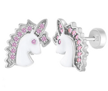 Load image into Gallery viewer, Girl's Sterling Silver CZ Unicorn Earrings