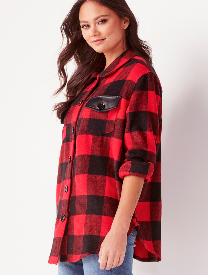 Red Plaid Shacket with Leather trim 50% off
