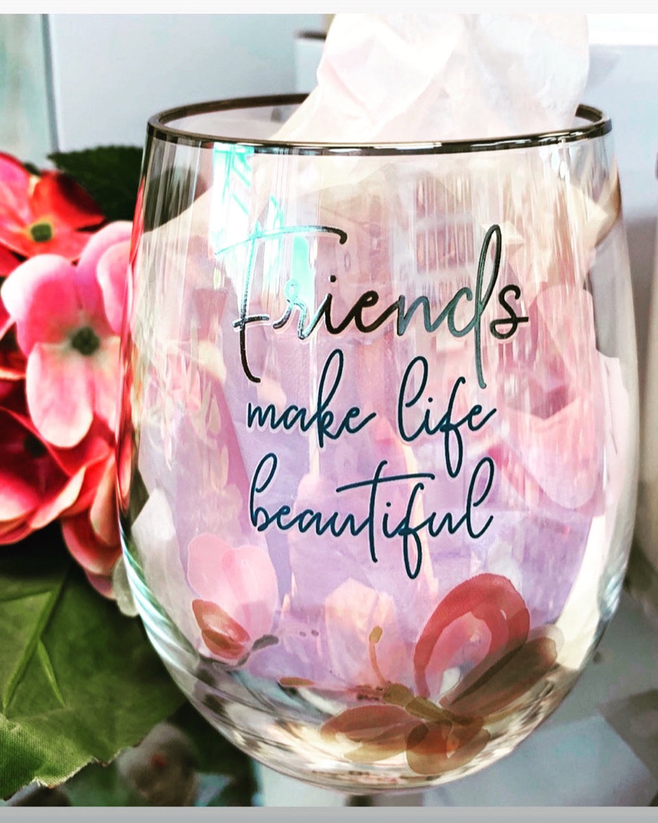 Friends, 18 oz Stemless Wine Glass - Rosy Heart - Pavilion