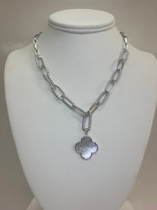 Rhodium Mother of Pearl Clover Pearl Necklace