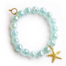 Load image into Gallery viewer, 10mm Faceted Aqua Iridescent Agate w/ Matte Gold Starfish Bracelet
