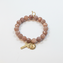Load image into Gallery viewer, 10mm Faceted Iridescent Moonstone w/ Gold Petite Blessed Mother &amp; Cross

