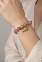 Load image into Gallery viewer, 10mm Faceted Iridescent Moonstone w/ Gold Petite Blessed Mother &amp; Cross
