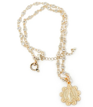 Load image into Gallery viewer, 18" Gold Crystal Bezel Necklace w/ Gold Scalloped Medal
