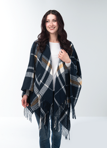 Windowpane Plaid Hooded Wrap Black