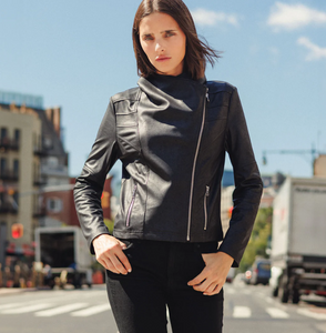 Black Liquid Leather Drape Neck Jacket by Clara Sunwoo