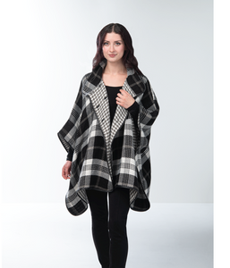 Plaid Collared Button Wrap/Shawl in Black and White