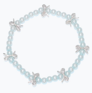 Blue Pearl Beaded Bracelet with Silver Bows