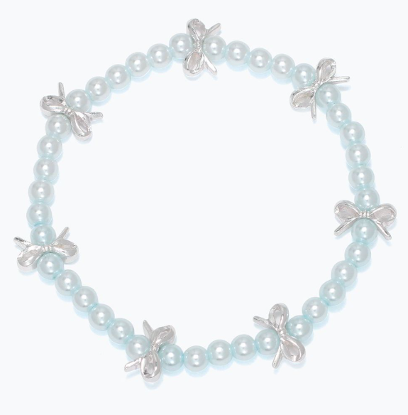 Blue Pearl Beaded Bracelet with Silver Bows