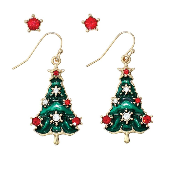 Christmas Tree Drops and Red Stud Earring Set